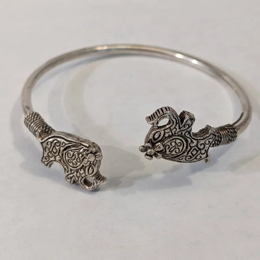QVC Sterling Silver .925 Elephant Bypass Cuff Bracelet Antiqued Ornate Filigree